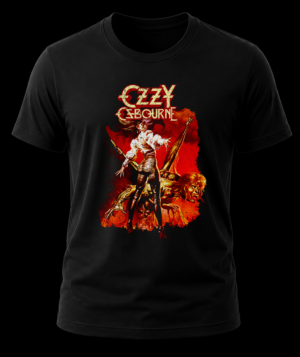 Frente de playera negra de Ozzy Osbourne con el arte ilustrado del álbum The Ultimate Sin y logo amarillo texturizado.