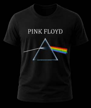 Frente de playera negra de Pink Floyd con el diseño clásico de la portada del prisma y el arcoíris del álbum The Dark Side of the Moon.
