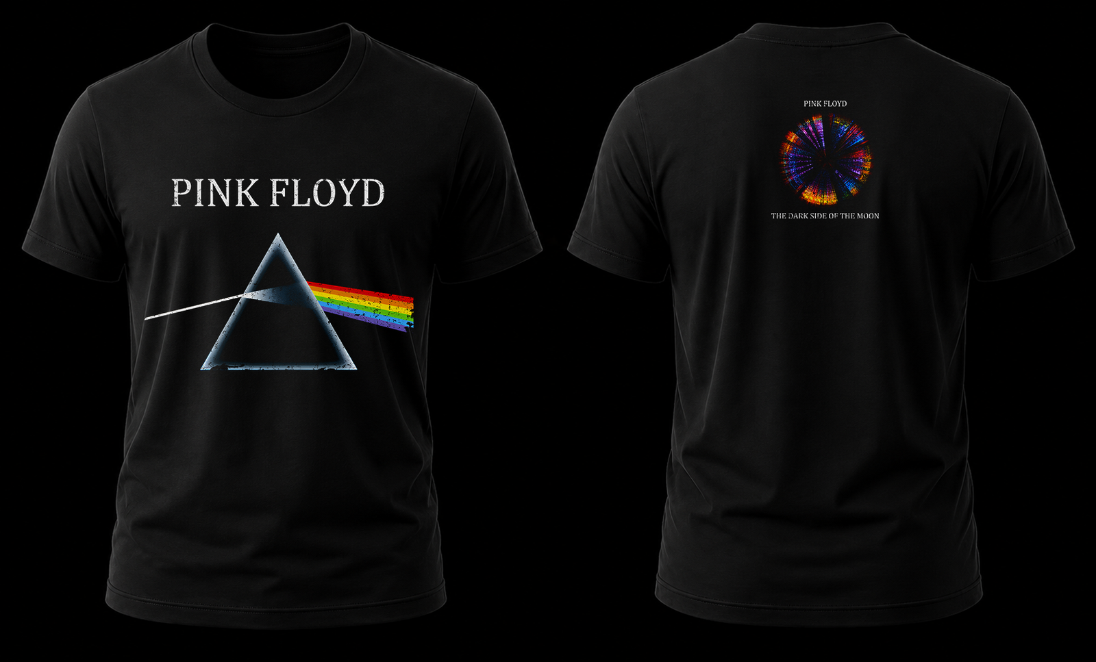pink floyd dark side 1.1 Vista conjunta frontal y trasera de la playera de Pink Floyd The Dark Side of the Moon con el prisma al frente y el logo circular atrás.