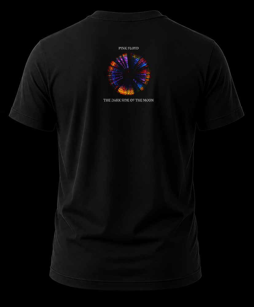 pink floyd dark side 1.2 Vista trasera de playera negra de Pink Floyd con un gráfico circular psicodélico del espectro de luz y el título del álbum en la nuca.