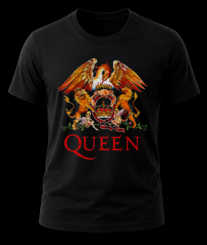 Frente de playera negra de Queen con el diseño clásico del escudo de armas real y las letras texturizadas en color rojo.