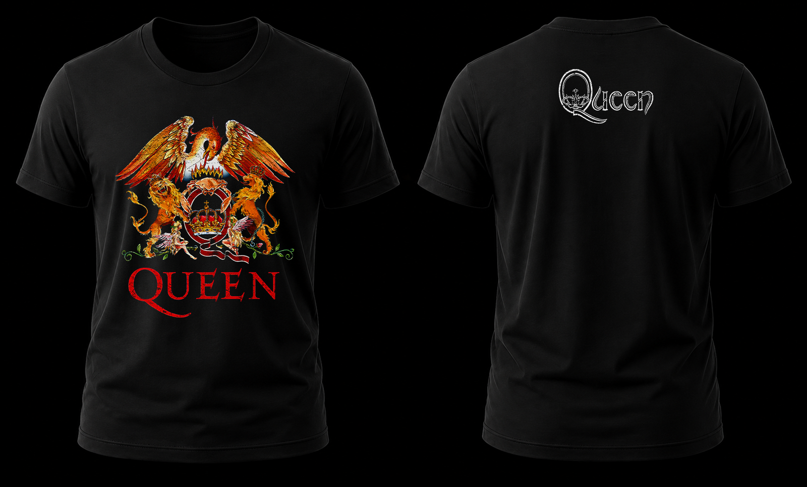 queen logo 1.1 Vista conjunta frontal y trasera de la playera de Queen con el escudo heráldico dorado al frente y el logo de corona atrás.