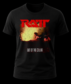 Frente de playera negra de Ratt con el arte del álbum Out Of The Cellar de 1984 y logo rojo desgastado.