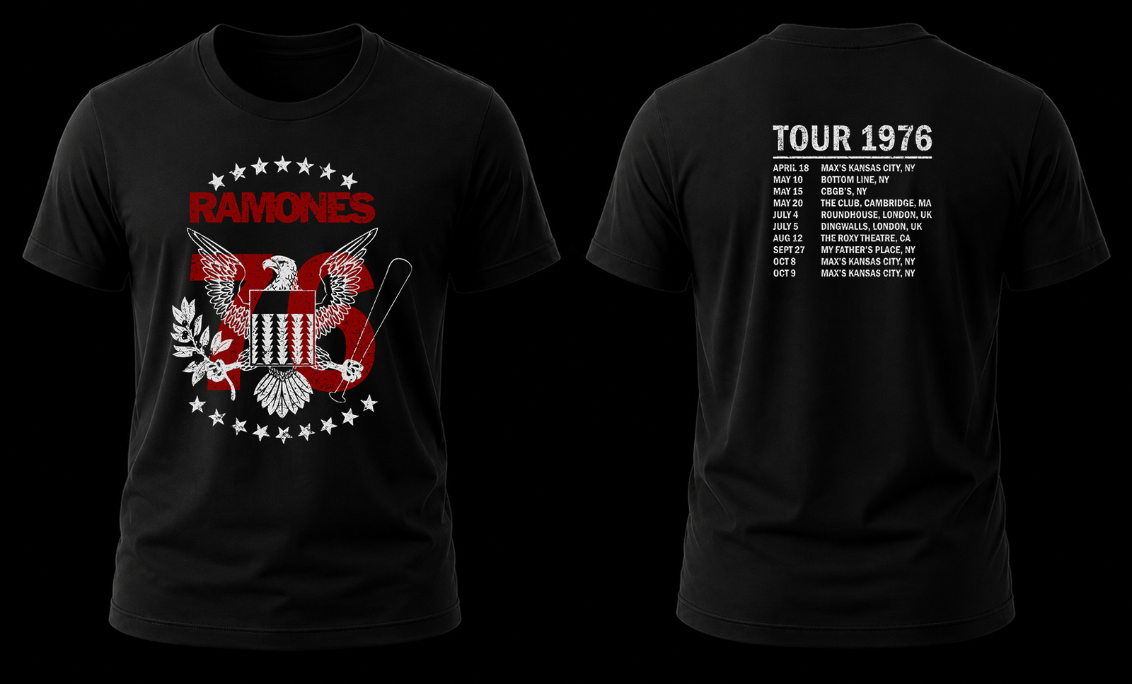ramones tour 76 1.1 Vista conjunta frontal y trasera de la playera de los Ramones Tour 1976 con el escudo del águila al frente y la lista de conciertos atrás.