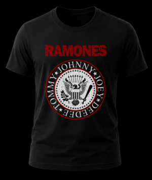 Frente de playera negra de los Ramones con el diseño del sello circular oficial blanco y rojo con los nombres de los integrantes.