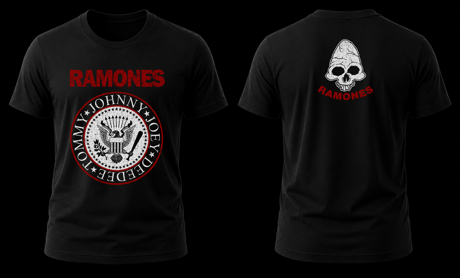 ramones logo 1.1 Vista conjunta frontal y trasera de la playera de los Ramones con el logotipo circular clásico al frente y la calavera atrás.