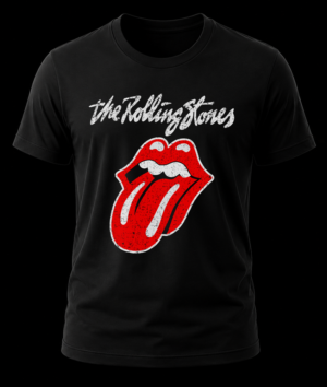 Frente de playera negra de The Rolling Stones con el diseño clásico de la lengua en color rojo y letras cursivas en blanco.