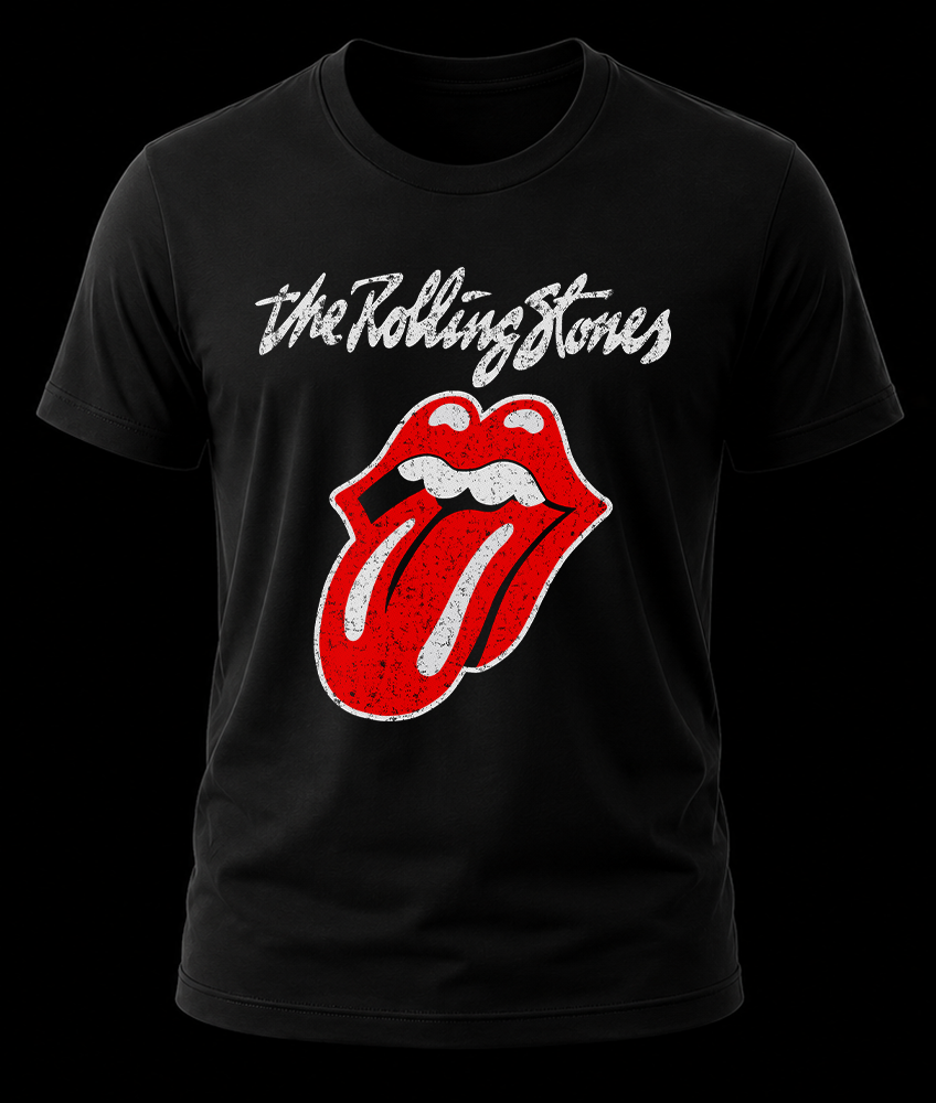 rolling stones logo 1 Frente de playera negra de The Rolling Stones con el diseño clásico de la lengua en color rojo y letras cursivas en blanco.