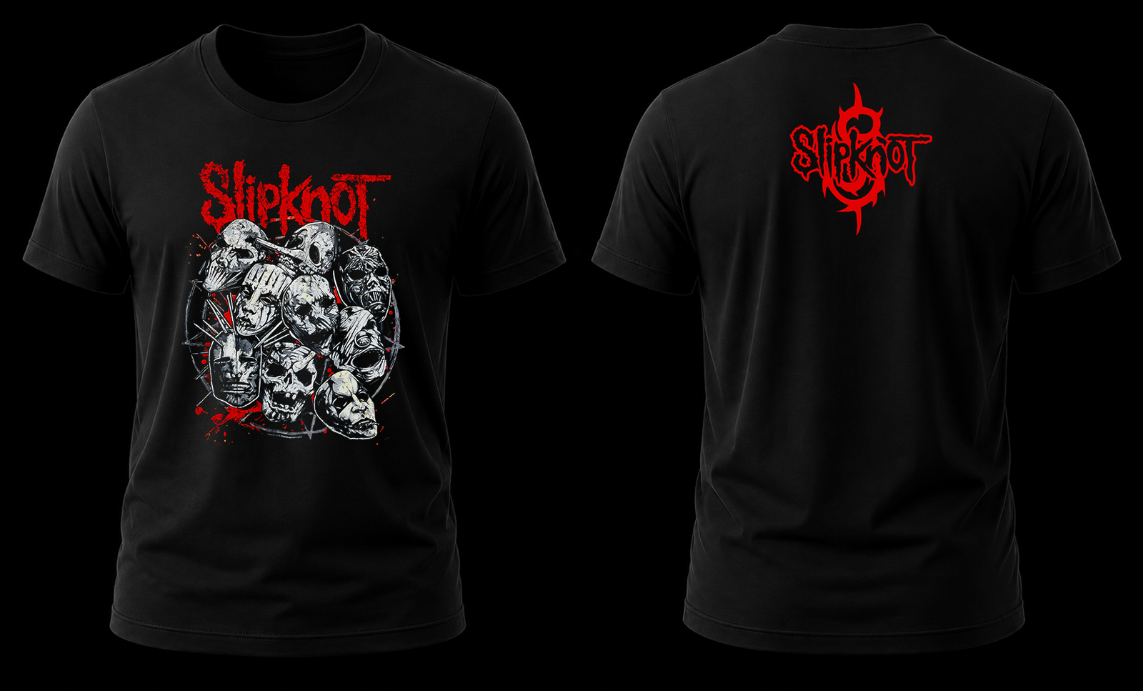 slipknot masks 1.1 Vista conjunta frontal y trasera de la playera de Slipknot con el diseño de máscaras al frente y el logotipo con nonagrama rojo atrás.