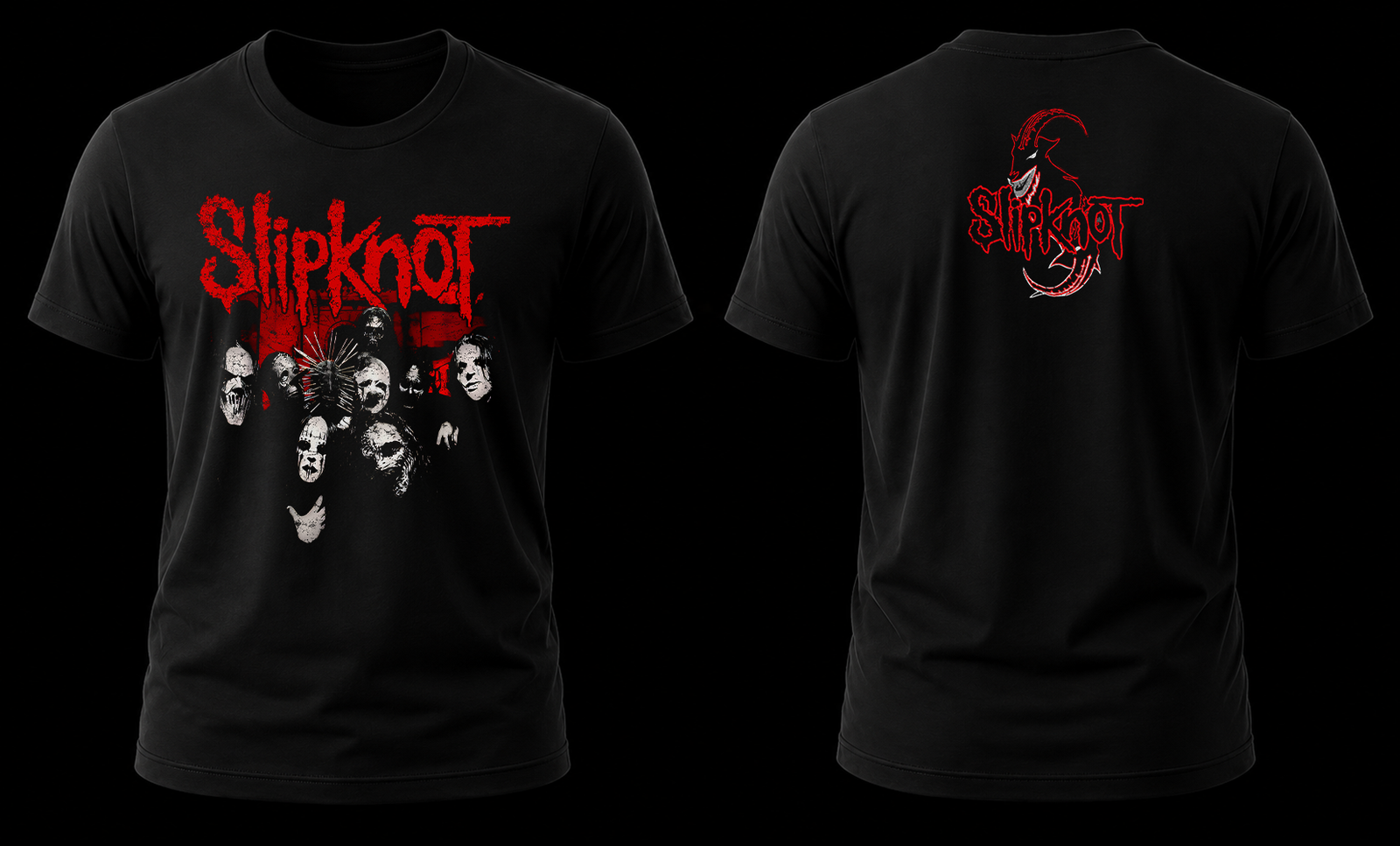 slipknot band 1.1 Vista conjunta frontal y trasera de la playera de Slipknot con el diseño de la banda al frente y el logotipo con la cabra atrás.
