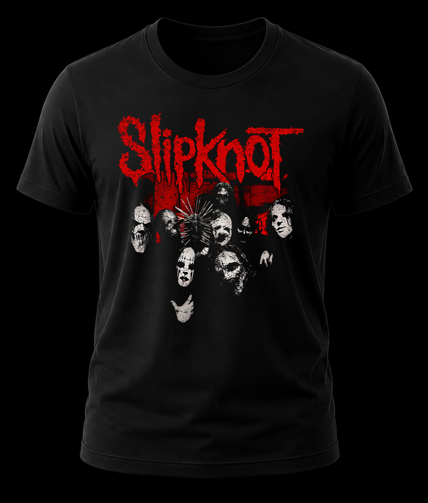 slipknot band 1 Frente de playera negra de Slipknot con el diseño de los integrantes con máscaras sobre fondo rojo y logotipo texturizado.