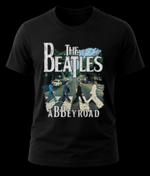 Frente de playera negra de The Beatles con el diseño clásico de los integrantes cruzando la calle en Abbey Road con efecto texturizado.