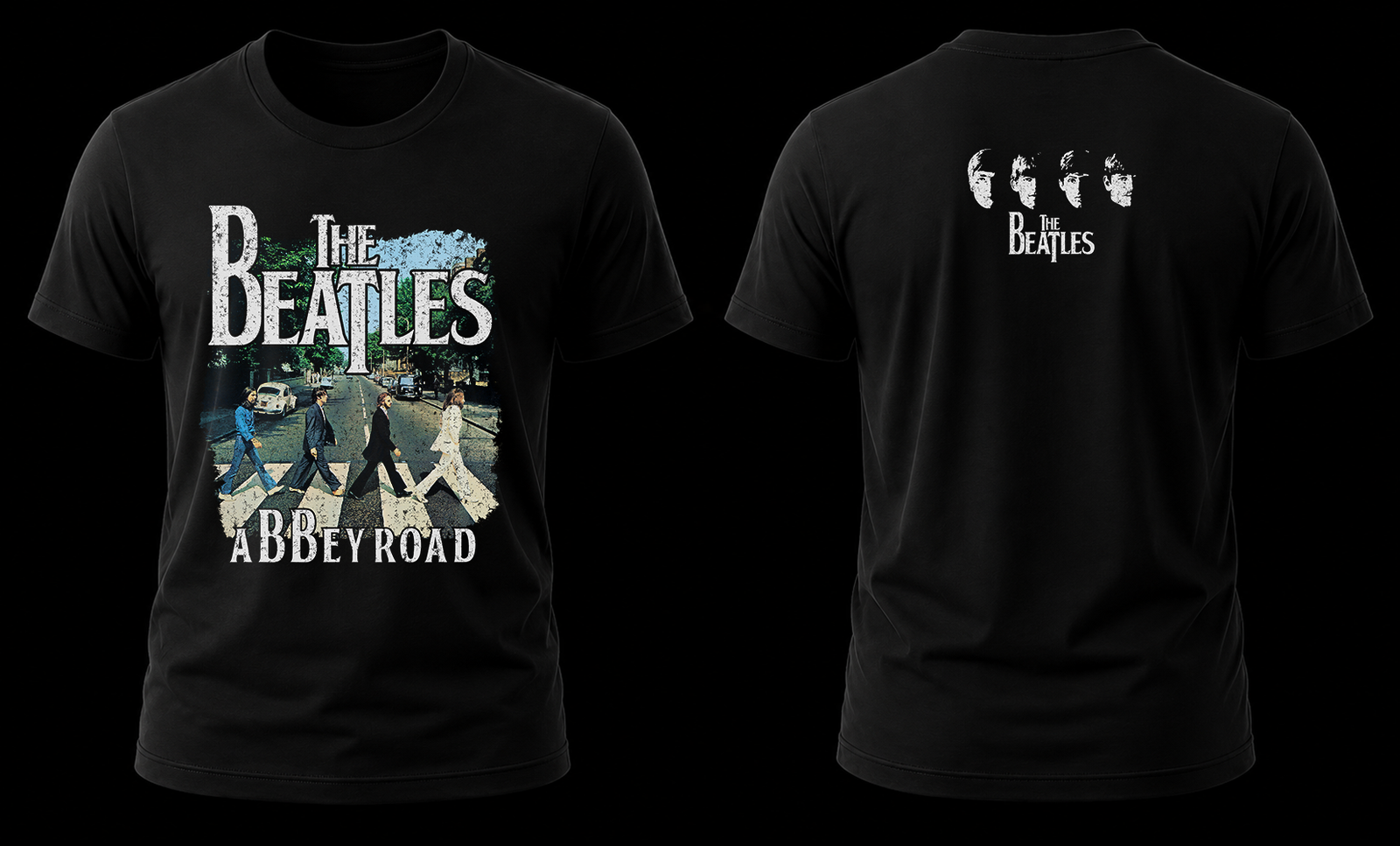 the beatles abbey road 1.1 Vista conjunta frontal y trasera de la playera de The Beatles Abbey Road con la foto clásica al frente y las siluetas de los rostros atrás.