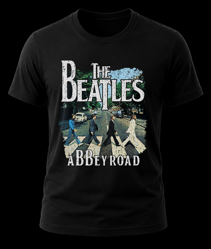 the beatles abbey road 1 Frente de playera negra de The Beatles con el diseño clásico de los integrantes cruzando la calle en Abbey Road con efecto texturizado.