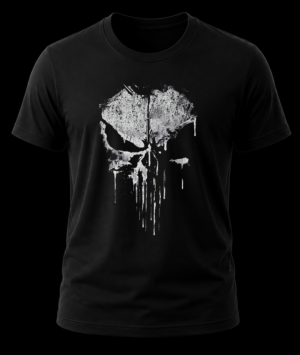 Frente de playera negra de The Punisher con la calavera clásica estampada estilo stencil con escurrimientos de pintura.