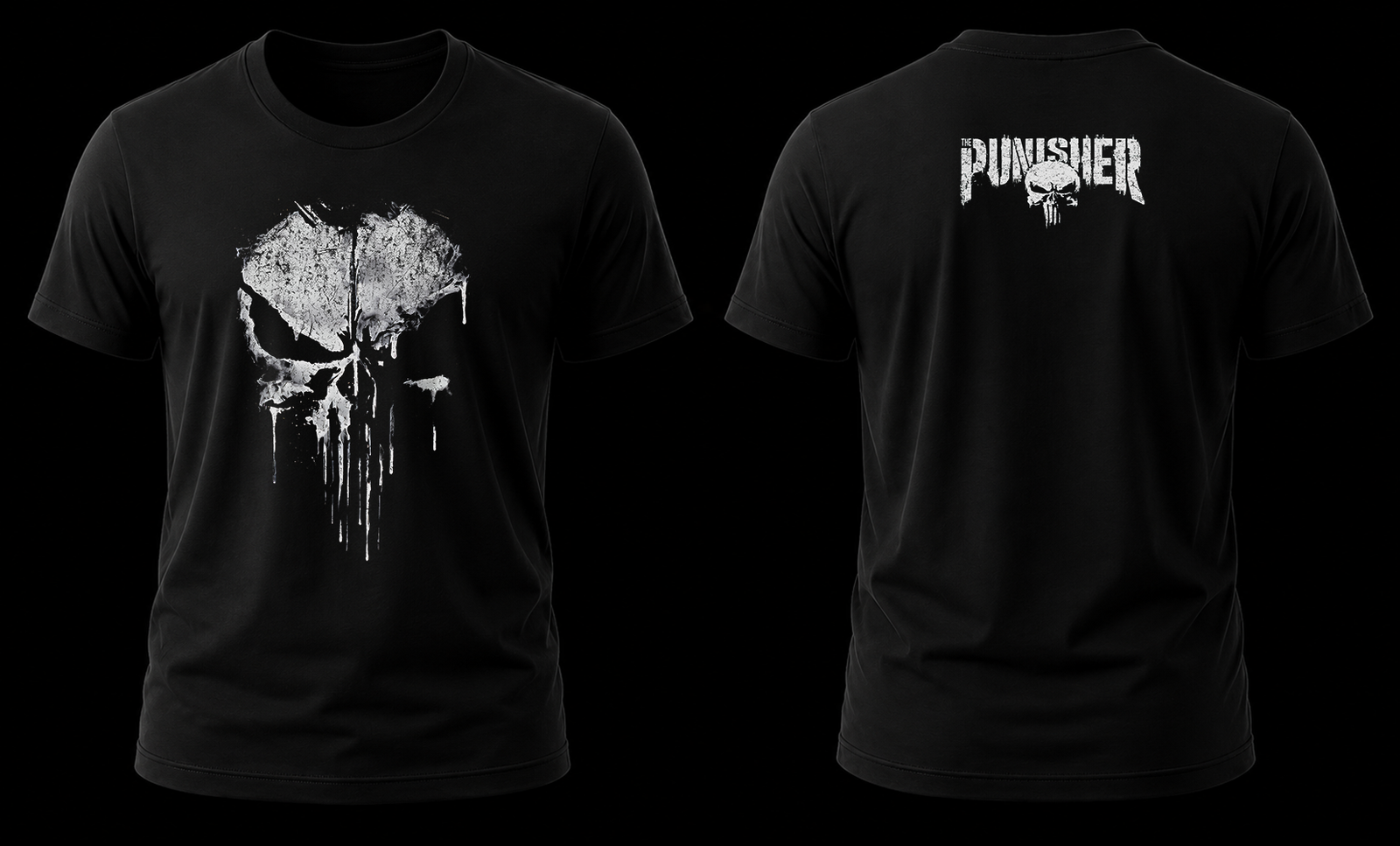 the punisher 1.1 Vista conjunta frontal y trasera de la playera de The Punisher con la calavera grunge al frente y el logotipo compacto atrás.