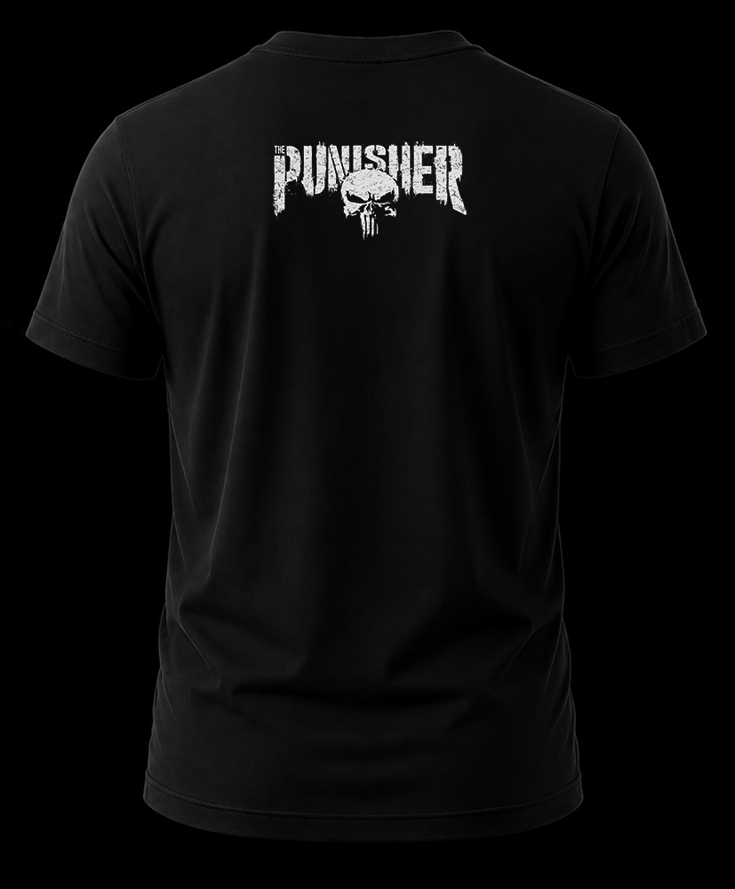 the punisher 1.2 Vista trasera de playera negra de El Castigador con el logotipo de The Punisher y una minicalavera impresos en la nuca.