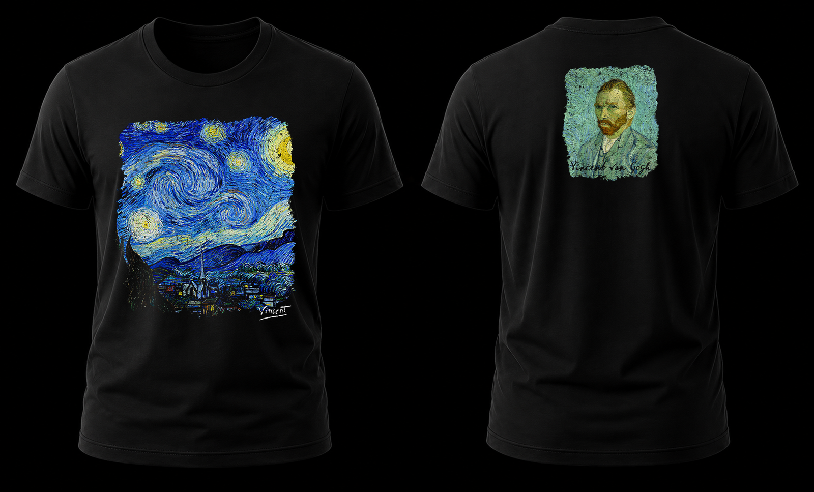 van gogh noche estrellada 1.1 Vista conjunta frontal y trasera de la playera de Vincent van Gogh con La Noche Estrellada al frente y su autorretrato atrás.