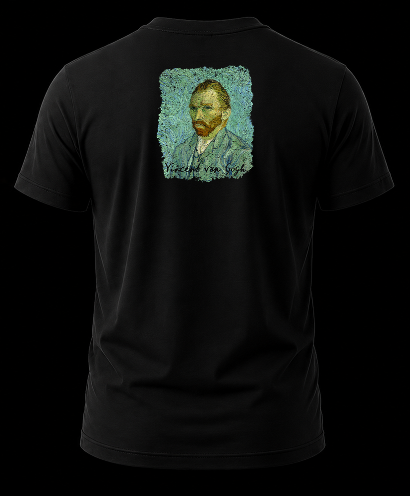 van gogh noche estrellada 1.2 Vista trasera de playera negra con el estampado del Autorretrato de Vincent van Gogh en la nuca.