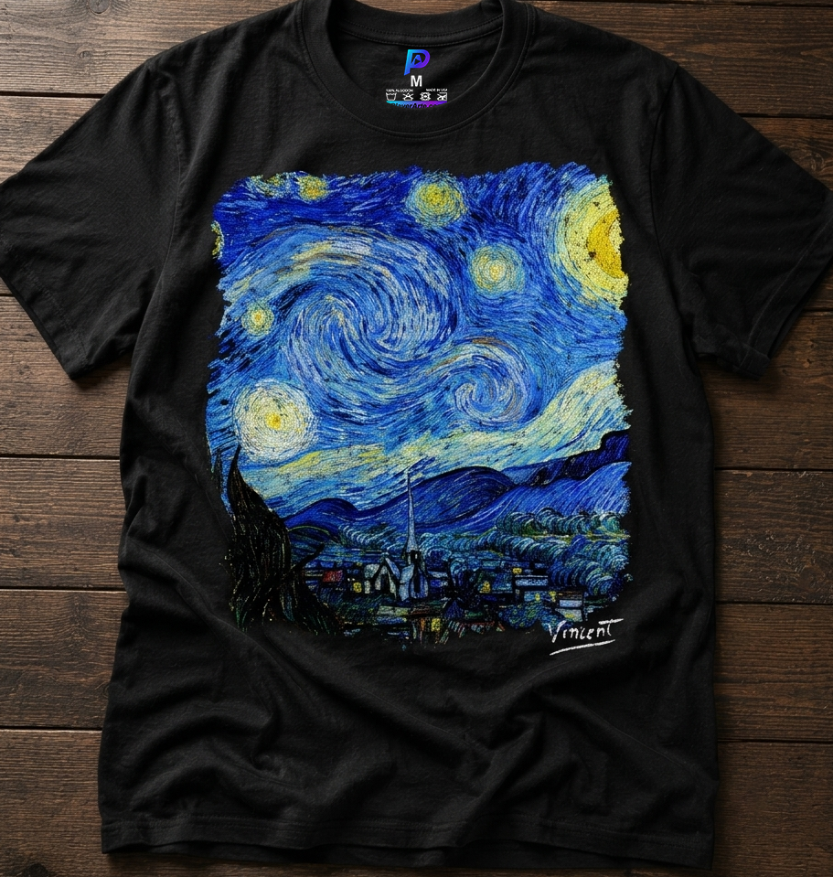 van gogh noche estrellada 1.3 Playera negra Premium Soft Style 100% algodón con diseño La noche estrellada de Van Gogh estampado en DTF de alta calidad. Fotografía realista del producto con impresión de alta definición sobre mesa de madera.