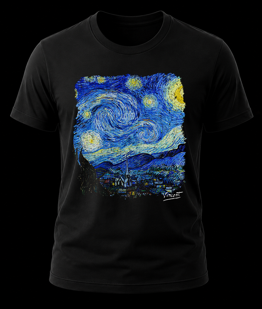 van gogh noche estrellada 1 Frente de playera negra con el estampado de la obra La Noche Estrellada de Vincent van Gogh.