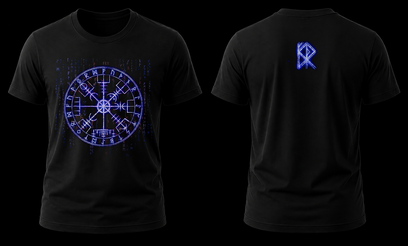 viking compass 1.1 Vista de playera por frente y atras, frente con compas vikingo vegvisir y por detras runa en menor escala en la nuca