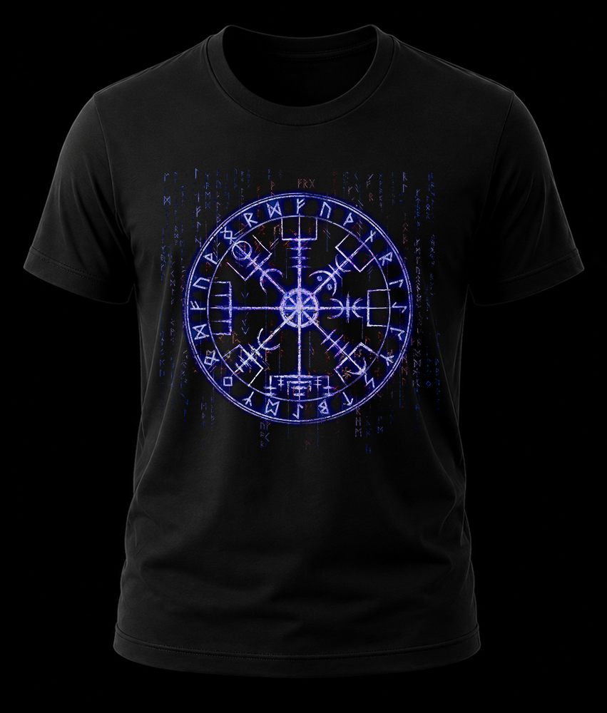 viking compass 1 Frente de playera color negro con compas vikingo vegvisir y runas cayendo por detras