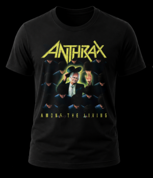 Frente de playera negra de Anthrax con el arte de la portada del álbum Among The Living de 1987.