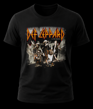 Frente de playera negra de Def Leppard con foto en vivo de la banda y logo en amarillo y rojo Live 2026.