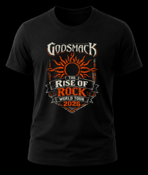 Frente de playera negra de Godsmack con escudo tribal en naranja y texto The Rise of Rock World Tour 2026.