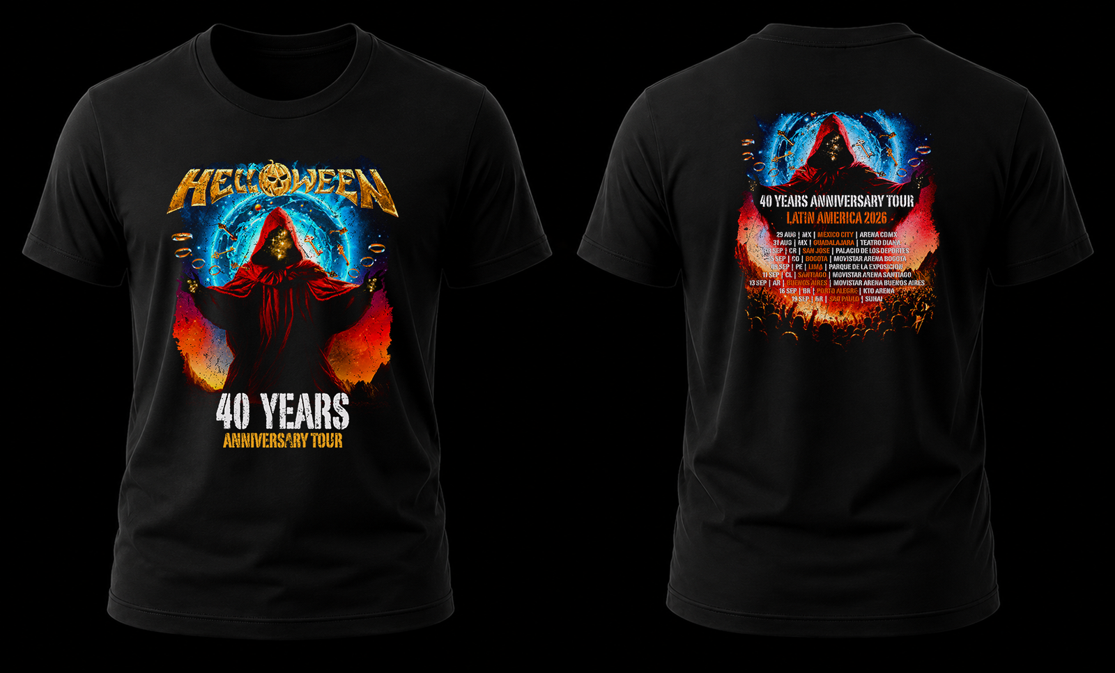 helloween 40 anniversary 1.1 Vista conjunta frontal y trasera de la playera Helloween 40 Years Anniversary Latin America Tour 2026 con The Keeper al frente y las fechas atrás.