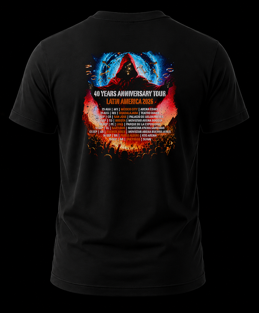 helloween 40 anniversary 1.2 Vista trasera de playera negra de Helloween con la lista de fechas de la gira Latin America 2026 en la nuca.