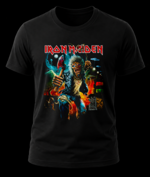 Frente de playera negra de Iron Maiden con ilustración de Eddie con hacha sangrienta y logo en rojo y blanco.