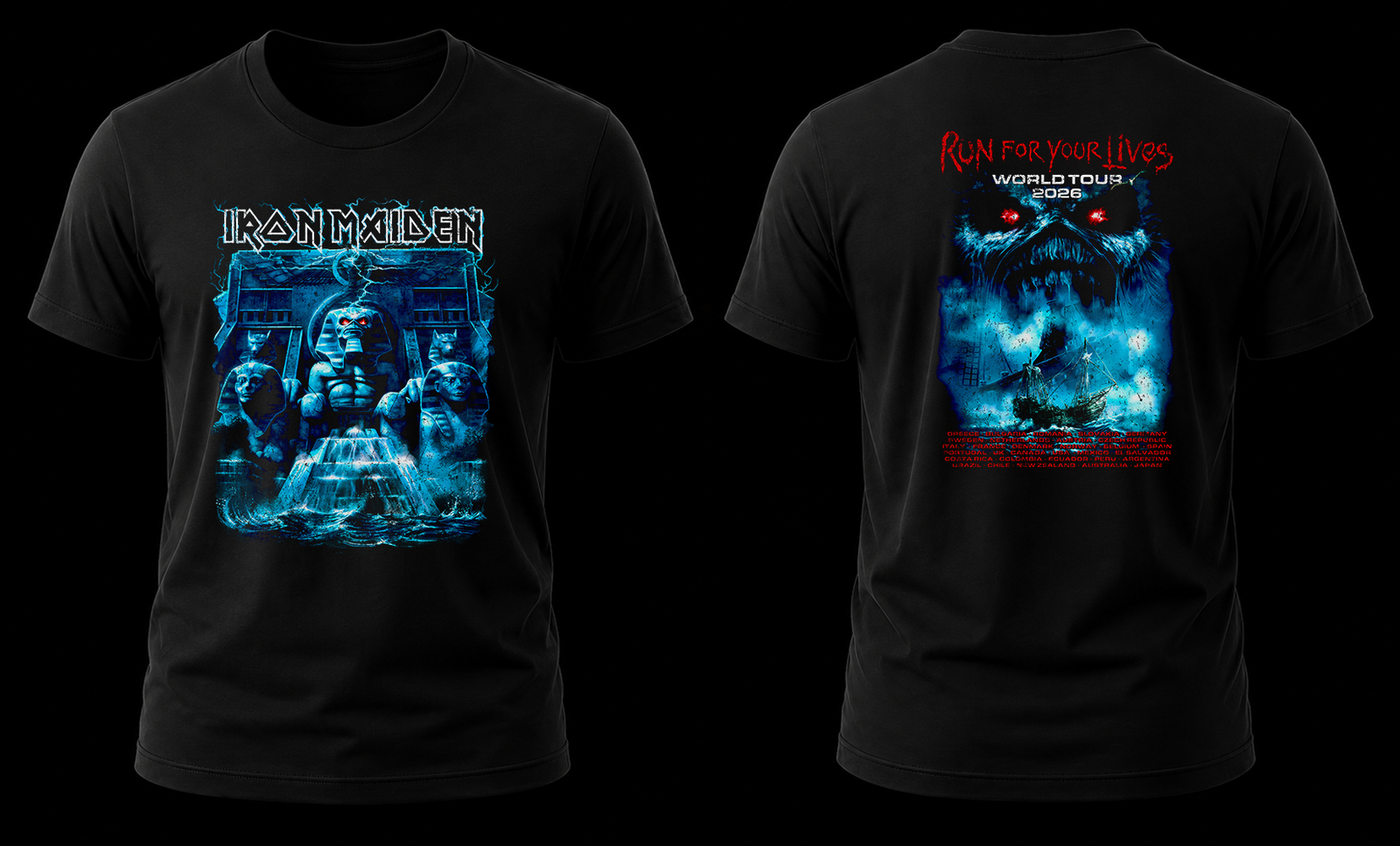 maiden tour 2026 mariner 1.1 Vista conjunta frontal y trasera de la playera Iron Maiden Run For Your Lives Tour 2026 Mariner con Eddie Faraón al frente y el velero atrás.