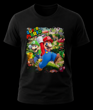 Frente de playera negra de Super Mario Bros con ilustración 3D de Mario y Luigi en el Reino Champiñón.