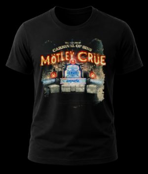 Frente de playera negra de Mötley Crüe con marquesina de neón de la gira Carnival of Sins y logos de Tesla y Extreme.
