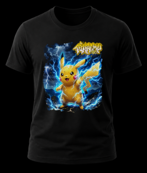 Frente de playera negra de Pokémon con ilustración de Pikachu liberando rayos eléctricos y texto Pikachu #025.