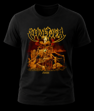 Frente de playera negra de Sepultura con la portada clásica del álbum Arise de 1991 y logo dorado.