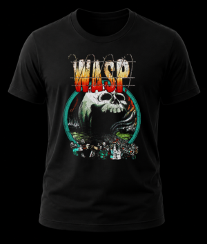 Frente de playera negra de W.A.S.P. con la portada del álbum The Headless Children y logo con alambre de púas.
