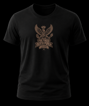 Pecho de playera negra de Five Finger Death Punch con escudo del águila en bronce y logo Legions.