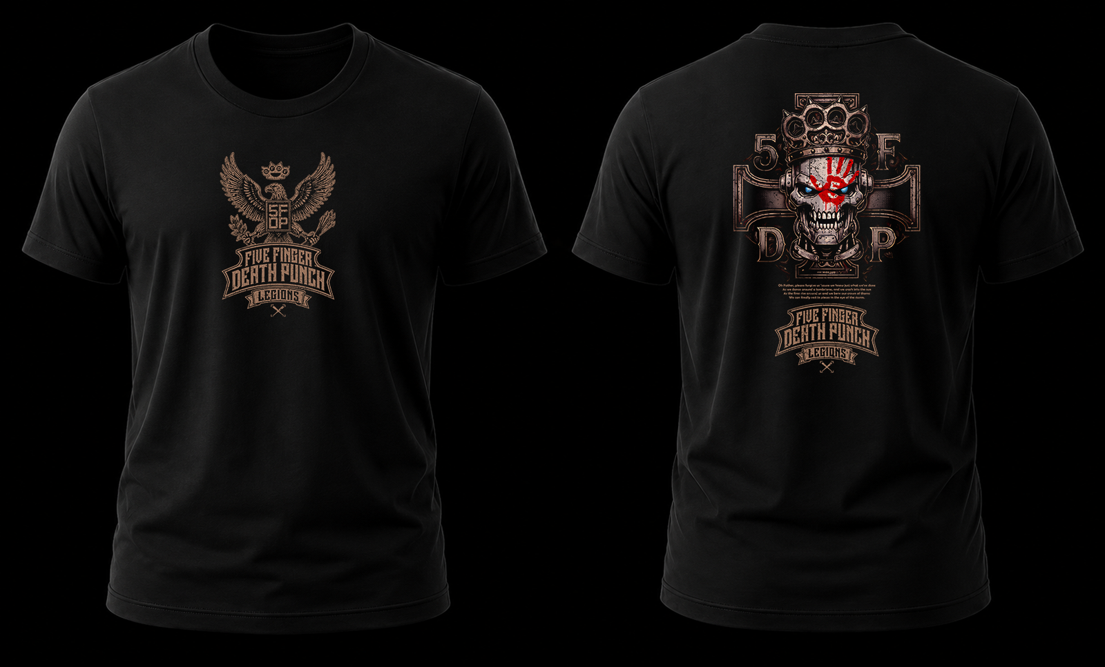 5fdp machine god 1.1 Vista conjunta frontal y trasera de la playera Five Finger Death Punch Legions Machine God con escudo al frente y diseño completo atrás.