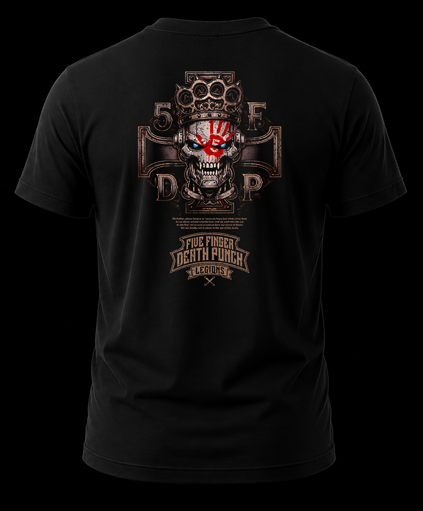 5fdp machine god 1.2 Vista trasera de playera negra de Five Finger Death Punch con calavera cibernética, huella roja y nudillo de bronce.