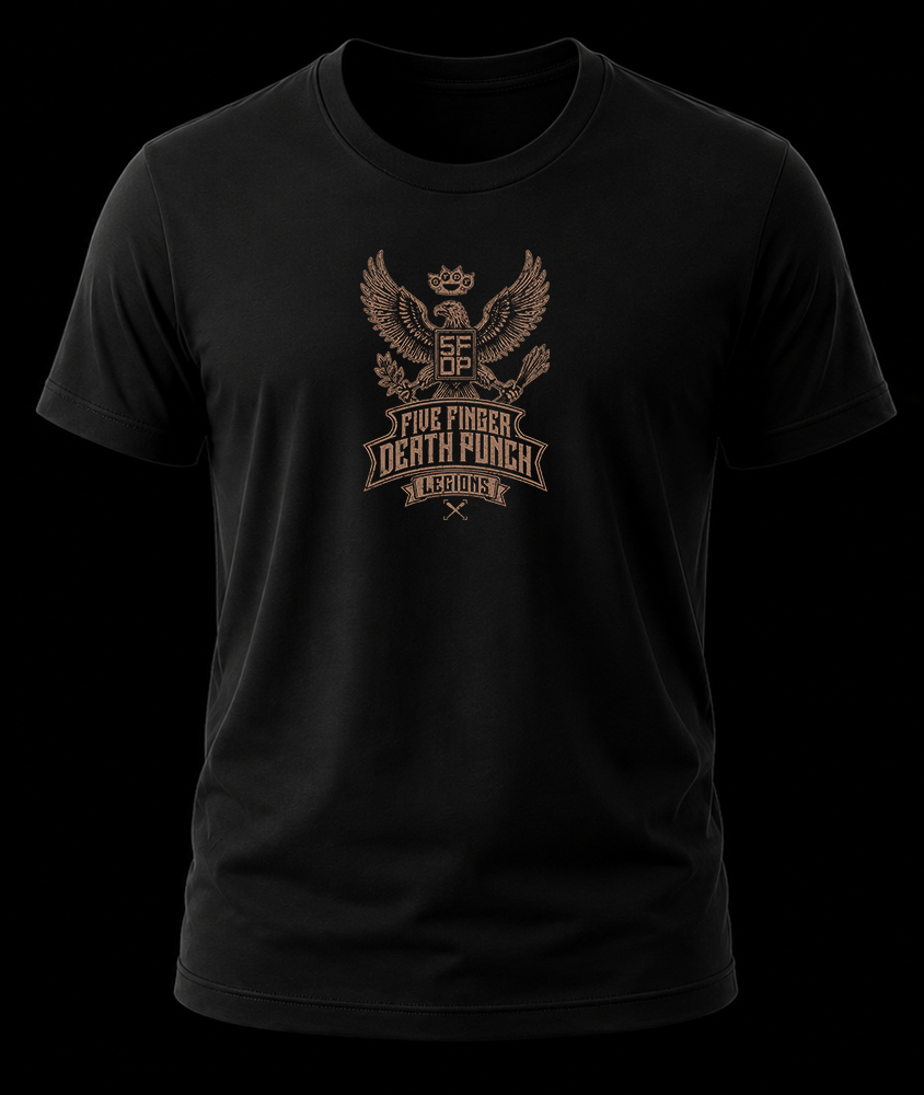 5fdp machine god 1 Pecho de playera negra de Five Finger Death Punch con escudo del águila en bronce y logo Legions.