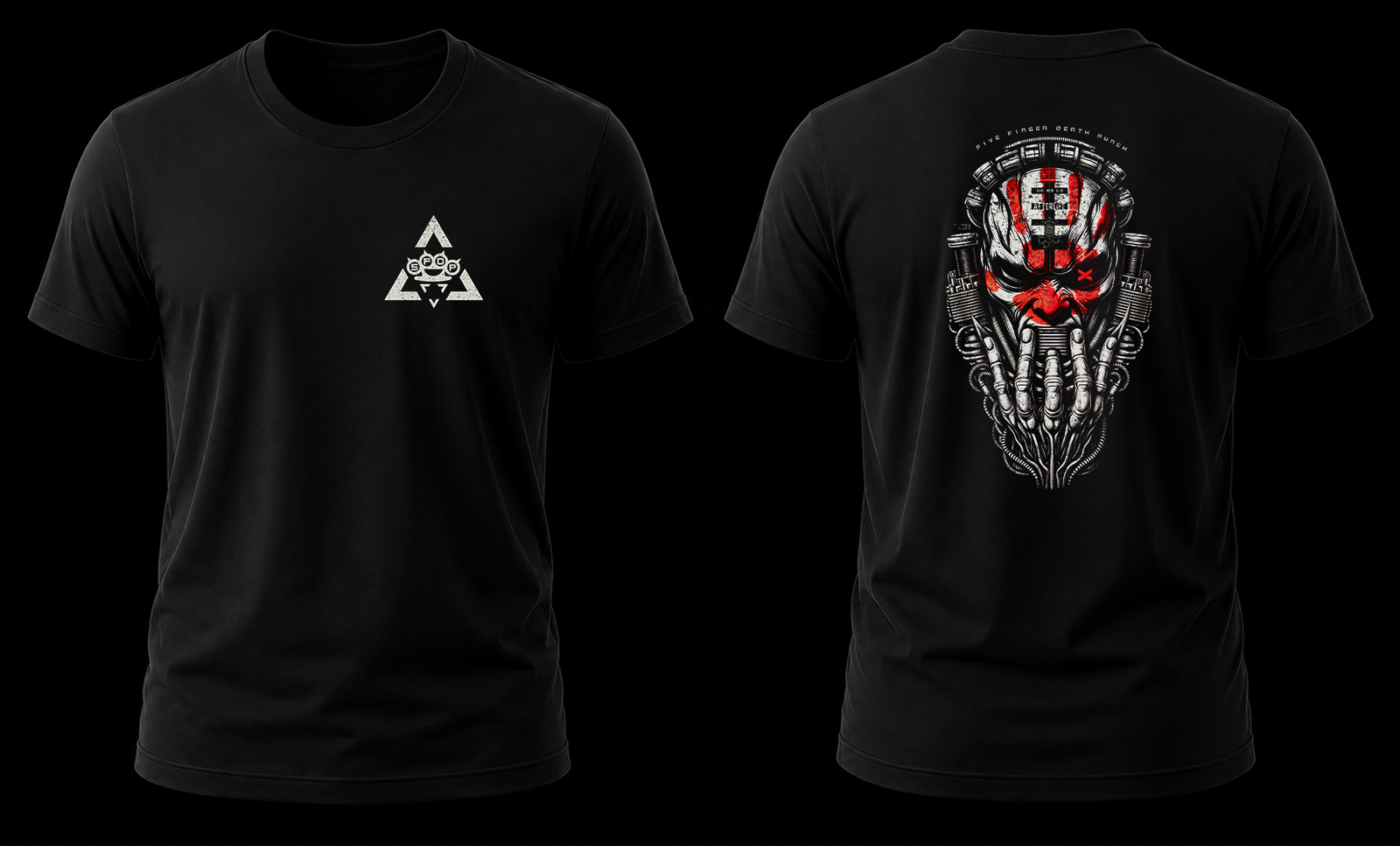 5fdp psychonaut 1.1 Vista conjunta frontal y trasera de la playera Five Finger Death Punch Psychonaut Cyber Skull con logo al frente y diseño biomecánico atrás.