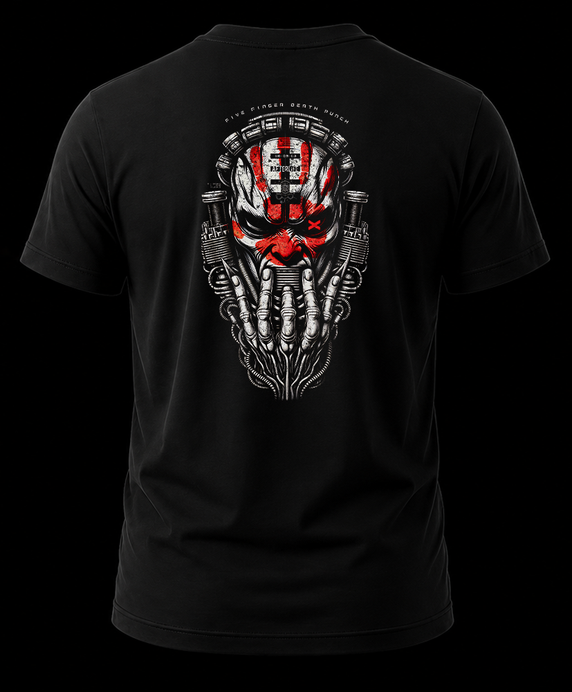 5fdp psychonaut 1.2 Vista trasera de playera negra de Five Finger Death Punch con calavera biomecánica Psychonaut en rojo y blanco.