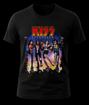 Frente de playera negra de KISS con la ilustración de portada del álbum Destroyer y logo en rojo y amarillo.