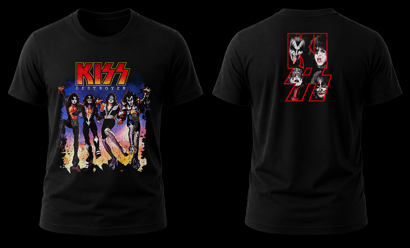 kiss destroyer 1.1 Vista conjunta frontal y trasera de la playera KISS Destroyer con la portada al frente y el logo maquillado atrás.