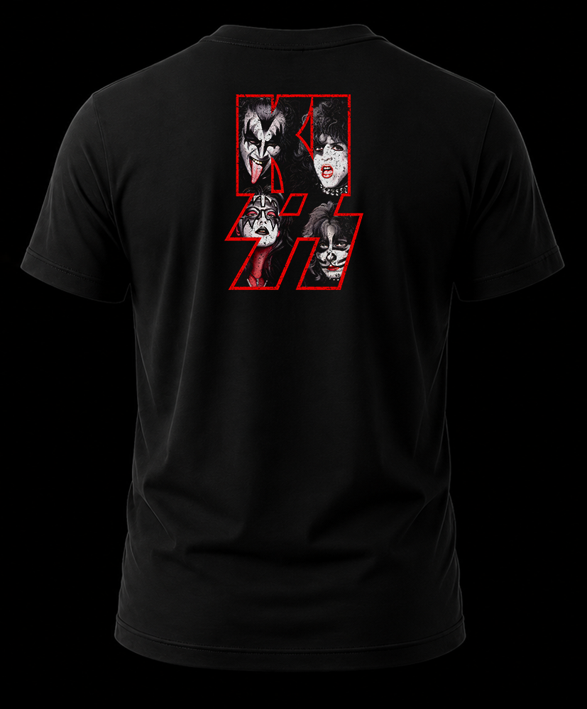 kiss destroyer 1.2 Vista trasera de playera negra de KISS con el logo en la nuca e integrantes maquillados dentro de las letras.